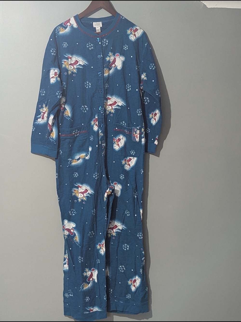 La Senza Vintage Women's Teal Snowman Fleece One-Piece Pajamas Whimsical Holiday - Picture 2 of 16